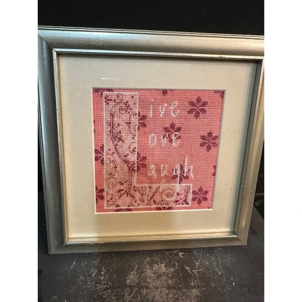 Live Love Laugh‎ Framed Cross Stitch Pink White Floral Wall Decor Silver Frame